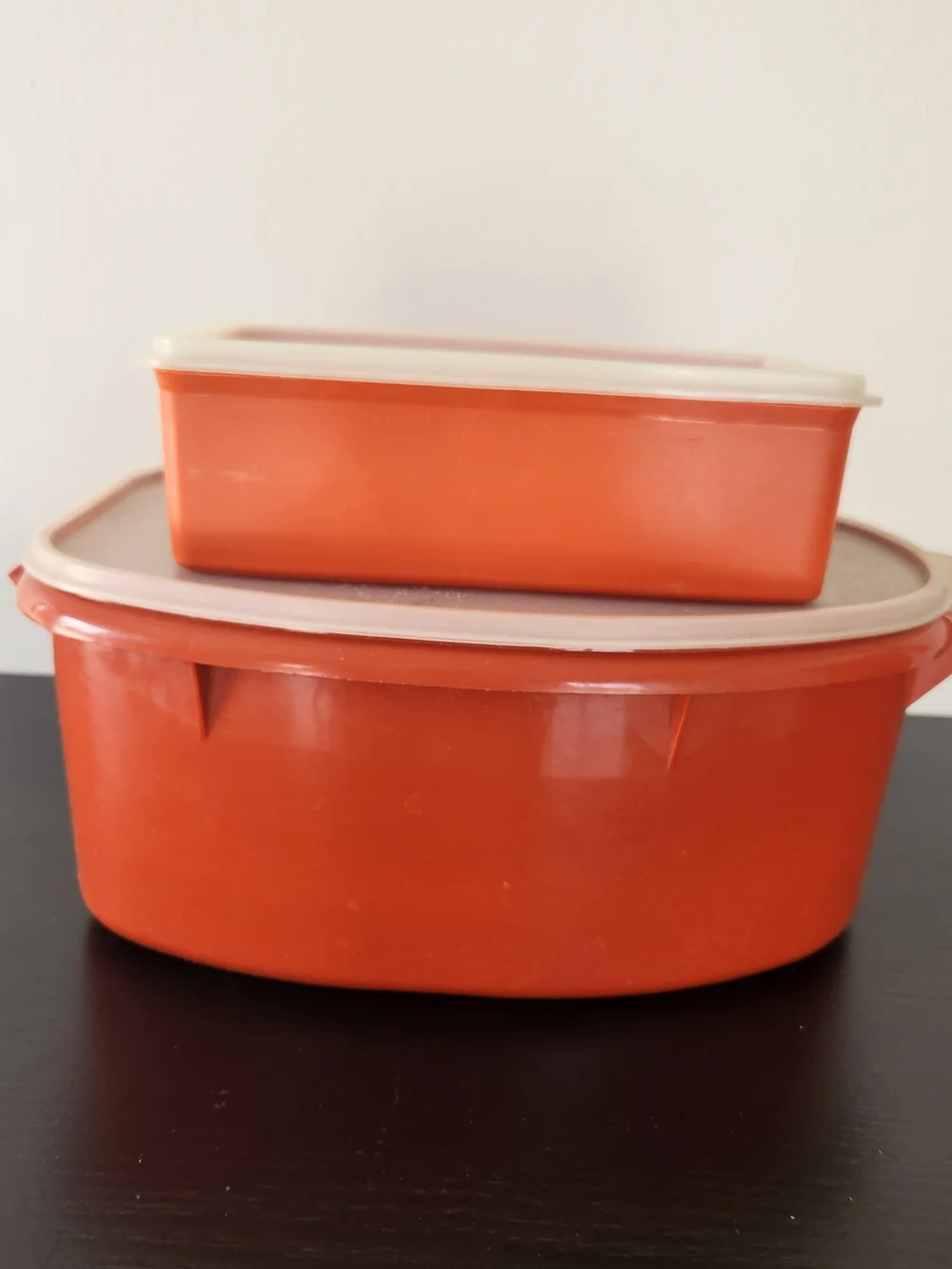 Vintage Tupperware Orange Plastic Food Storage Set with Off-White Lids